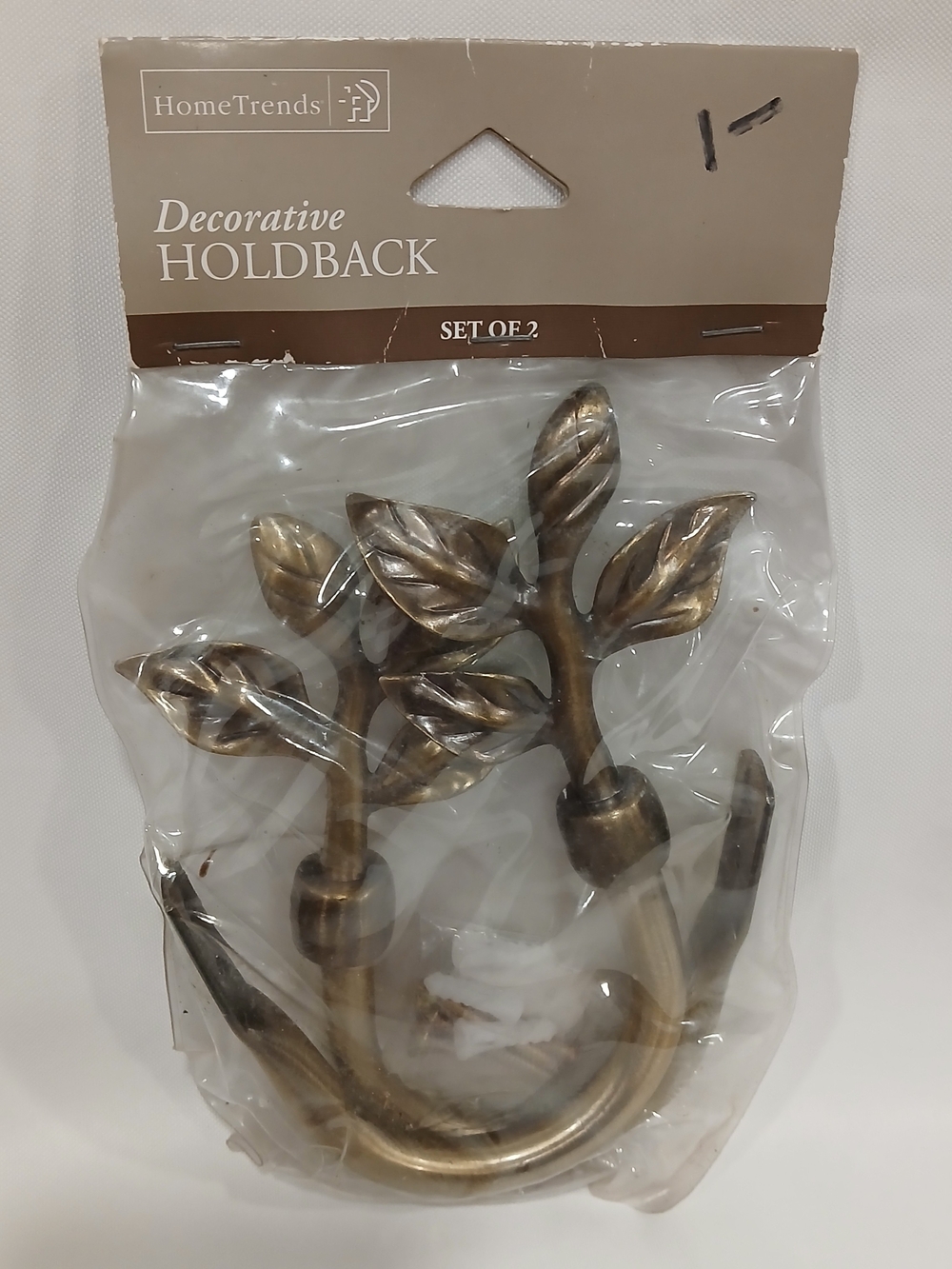 NOS HomeTrends Gold Brass Tone Metal Leaves Twig Curtain Holdback Hooks Set of 2